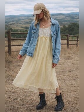 Vintage Sheer Yellow Nightgown Slip Dress Lace Floral Midi S/M
L